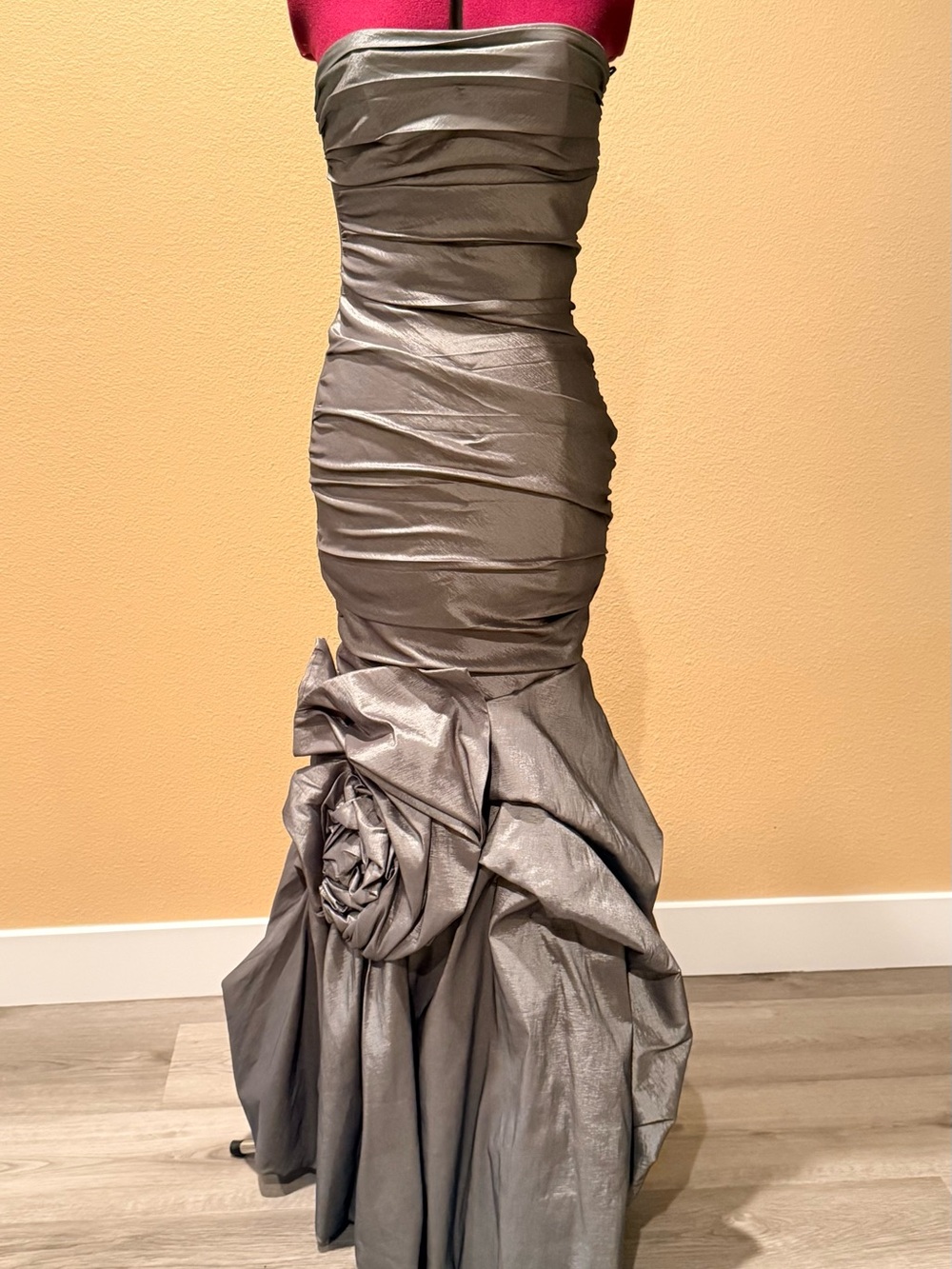 Strapless Ruched Mermaid Gown in Metallic Gray